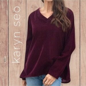Karyn Seo Velvet V-Neck Tunic Women Long Sleeve Relaxed Burgundy Medium